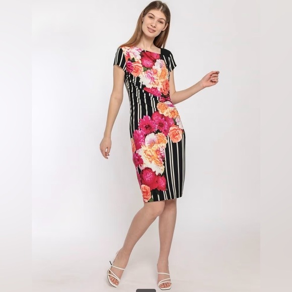 EUC Joseph Ribkoff Dress Multicolor Floral Striped Ruched Side Size 8 - Picture 2 of 11